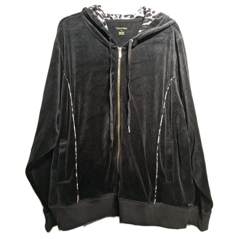 Calvin Klein Hoodie Jacket Womens 3X Black Velour Full Zip Animal Print Hood EUC